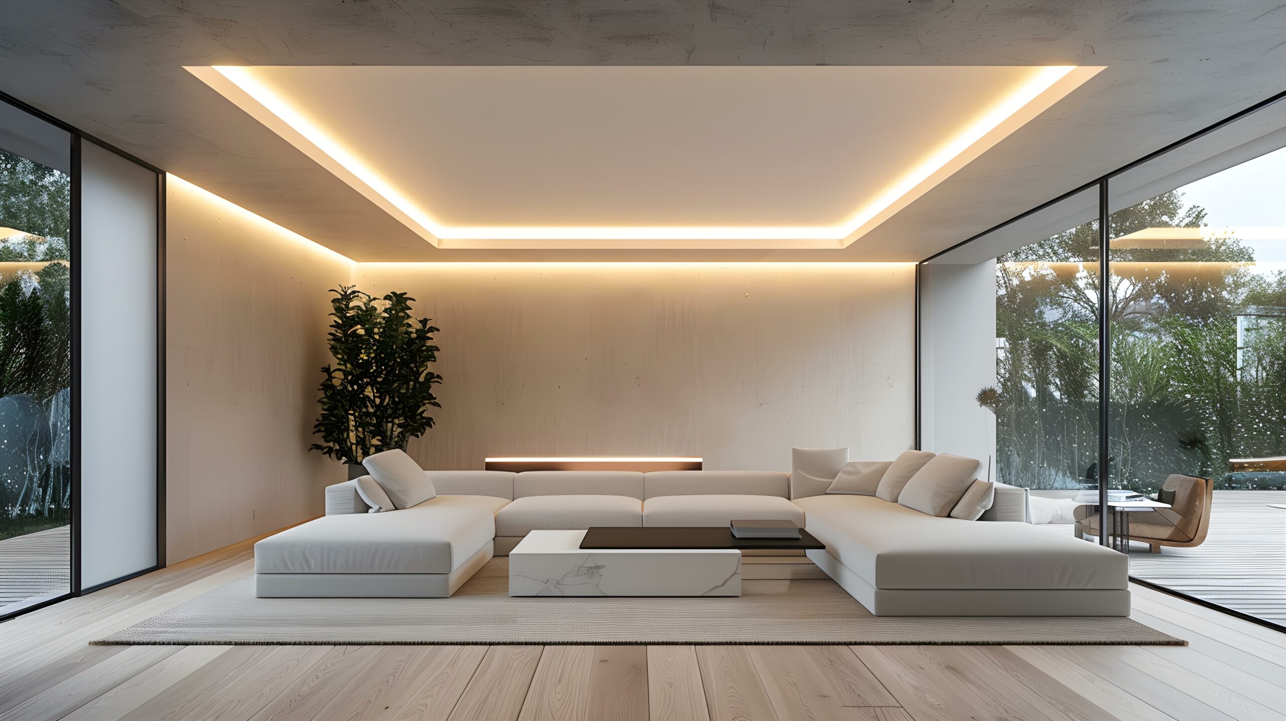 Installing Modern LED Lighting on a Suspended Ceiling in a Minimalist Living Room Setting. Concept Home Renovation, LED Lighting, Suspended Ceiling, Minimalist Design, Modern Living Room